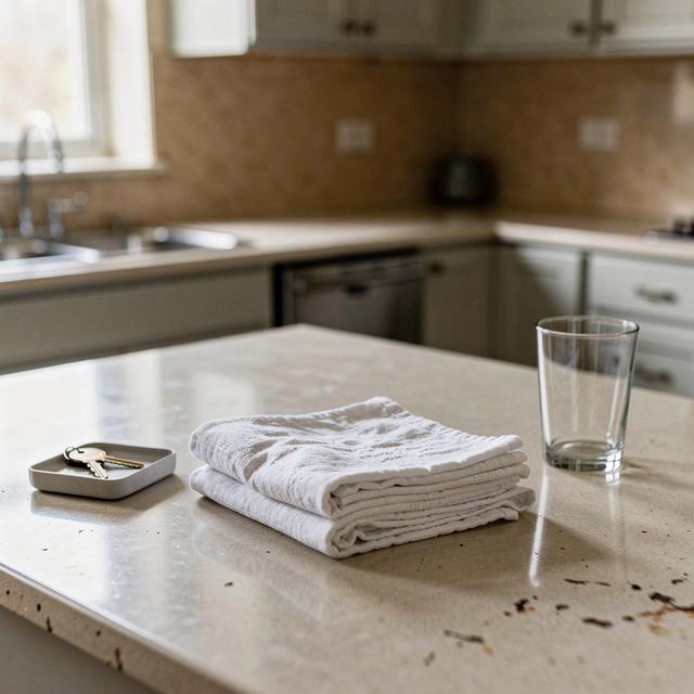 Kitchen counter in a short-term rental prepared for guest handover, with folded linen and a key tray